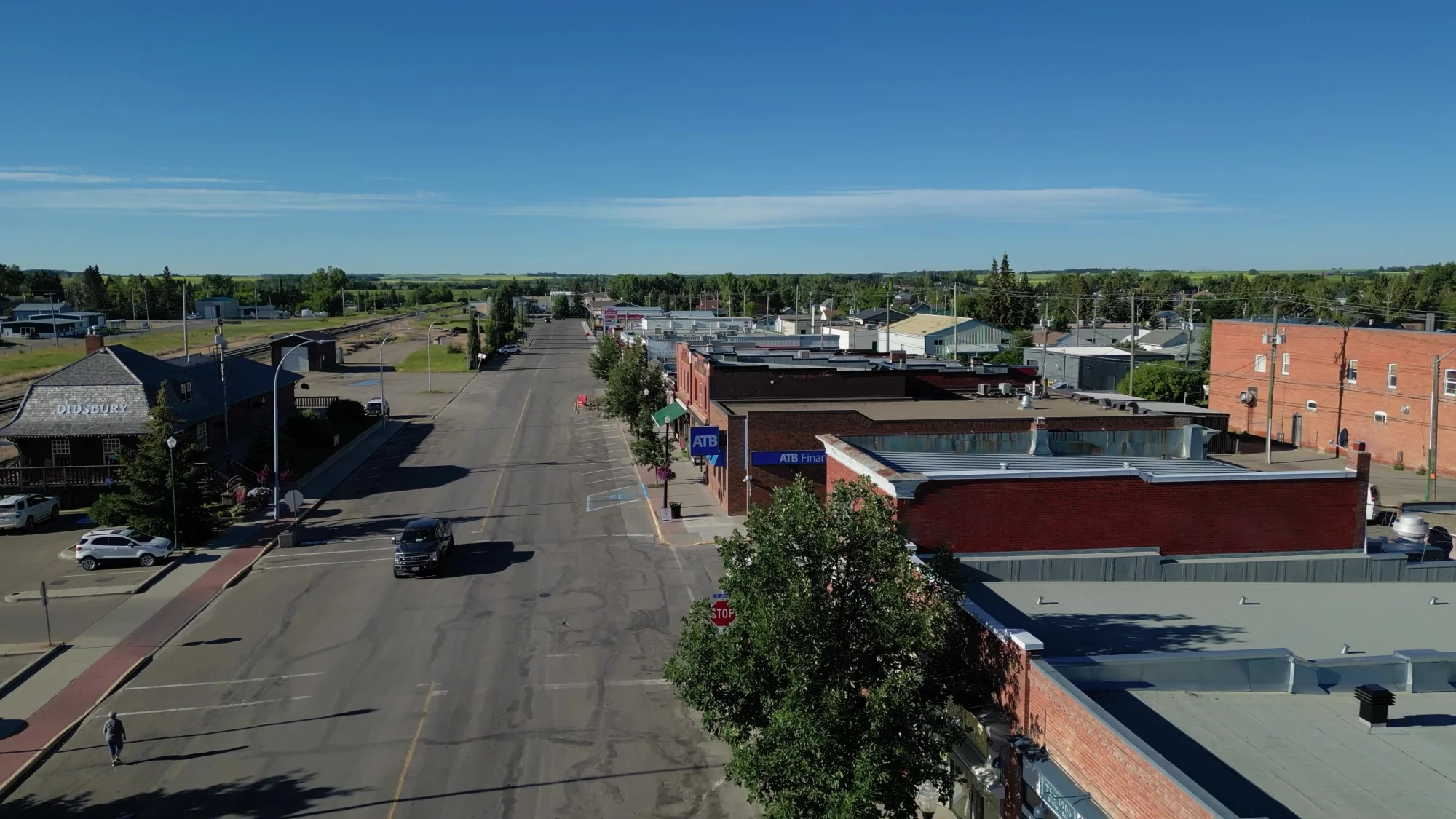 Didsbury historic brick Main Street from above